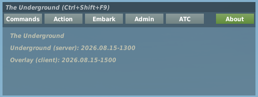 About panel showing Underground server and Overlay client version stamps.