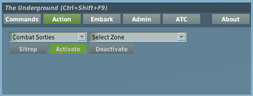 Action panel with a type dropdown reading Combat Sorties, a zone dropdown, and Sitrep, Activate and Deactivate buttons.