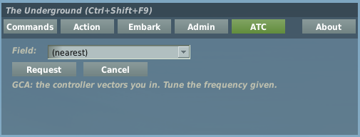 ATC panel with a field dropdown reading (nearest) and Request and Cancel buttons.