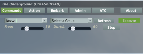 Beacon command with frequency and duration sliders and a Stop button.
