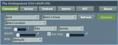 Bomb command with runs, expend, weapon class, altitude and a heading gate.