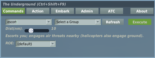 Escort command with an engagement distance slider.