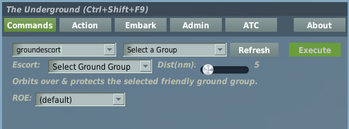 Groundescort command with a ground group picker and distance slider.