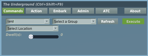 Land command with a location dropdown and a dwell slider.