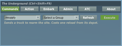 Resupply command with no options; the group list holds supply-able sites.