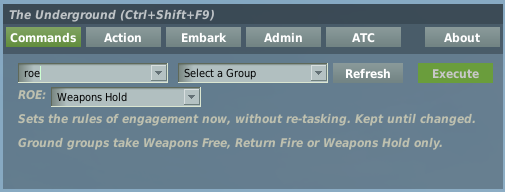 Roe command with a single rules-of-engagement dropdown.