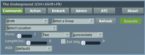 Strafe command with runs, expend, weapon class, target length and heading gate.