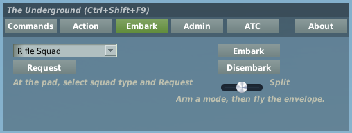Embark panel: squad type dropdown and Request button on the left; Embark, Disembark and a drop-side slider on the right.